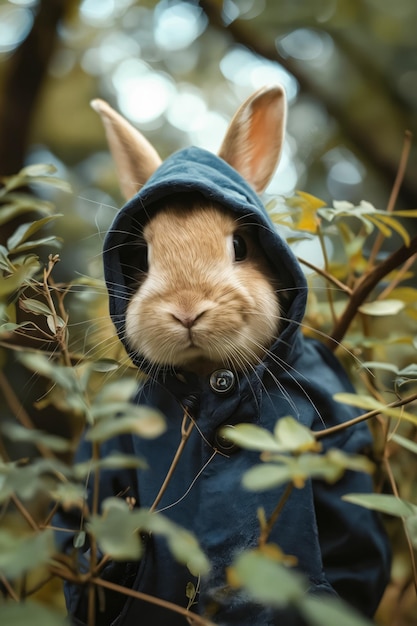 Photo a rabbit wearing a blue jacket in the woods