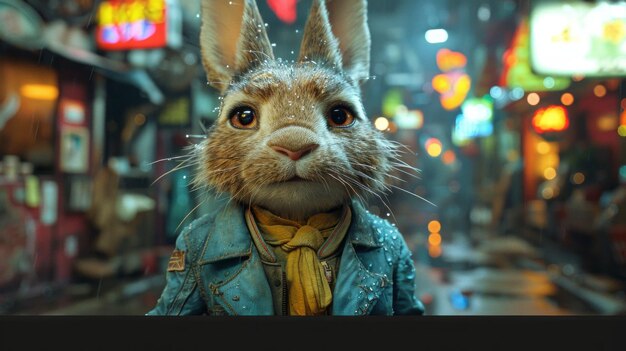 a rabbit wearing a blue jacket and a yellow tie