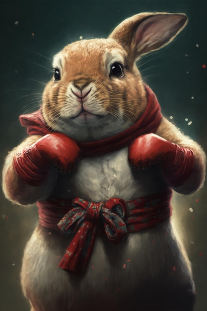 Rabbit wearing boxing gloves and a scarf generative ai