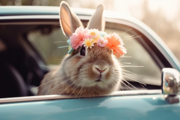 A rabbit wearing a flower crown sits in a car.