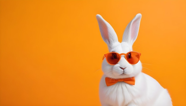 a rabbit wearing glasses and a bow tie with orange background