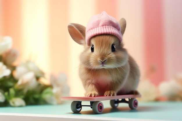 Photo a rabbit wearing a hat and riding a skateboard