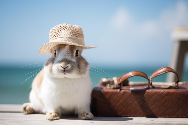 A rabbit wearing a hat sits next to a suitcase