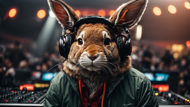 A rabbit wearing headphones DJing at a music festival