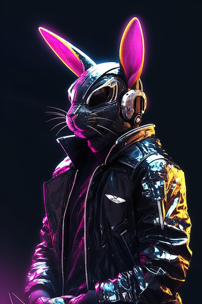 a rabbit wearing jacket with headphones in cyberpunk background