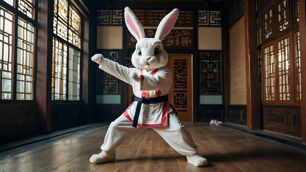 Rabbit wearing a kimono in front of a Japanese temple