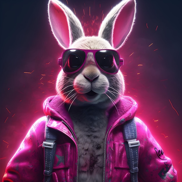 A rabbit wearing a pink jacket and sunglasses