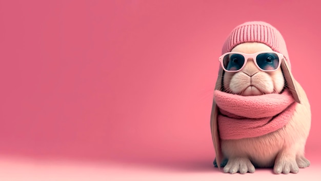 A rabbit wearing a pink sweater and sunglasses sits on a pink background.