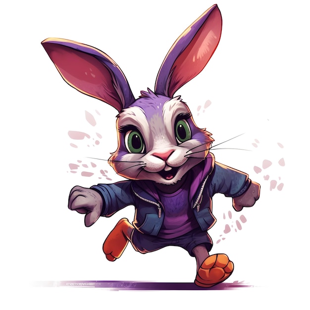 A rabbit wearing a purple jacket and brown pants runs down the street