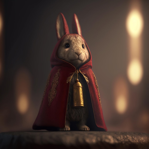 A rabbit wearing a red cape stands on a stump