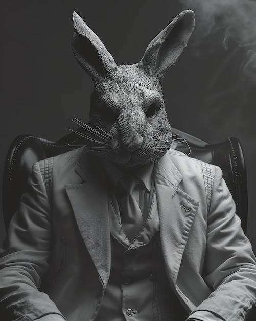 a rabbit wearing a suit and tie sits in front of a black and white photo