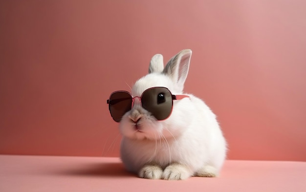 A rabbit wearing sunglasses and a brown sunglasses sits on a pink background.