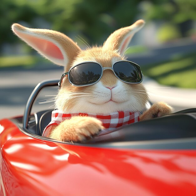 Photo a rabbit wearing sunglasses is riding in a red car