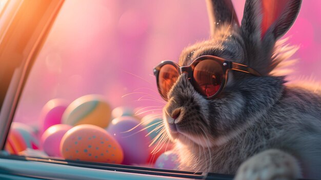 Rabbit Wearing Sunglasses Looking Out of Car Window