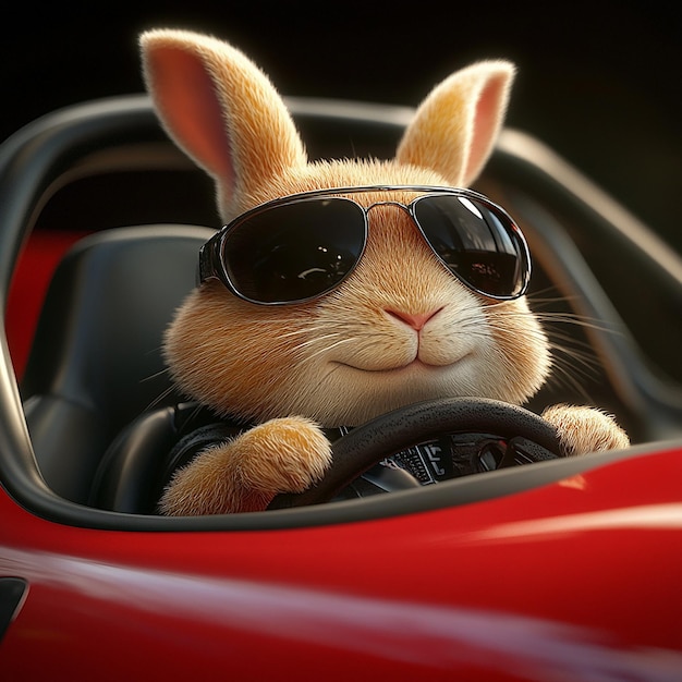 Photo a rabbit wearing sunglasses sits in a car with a steering wheel