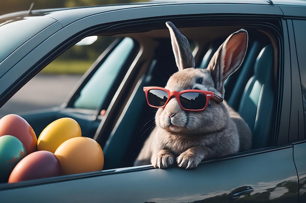 Photo a rabbit wearing sunglasses sits in a car with a toy rabbit wearing sunglasses