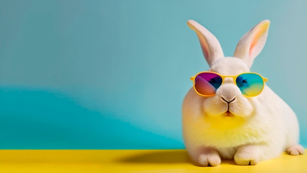 A rabbit wearing sunglasses sits on a yellow table with a blue background.