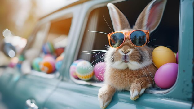 Rabbit Wearing Sunglasses in Truck