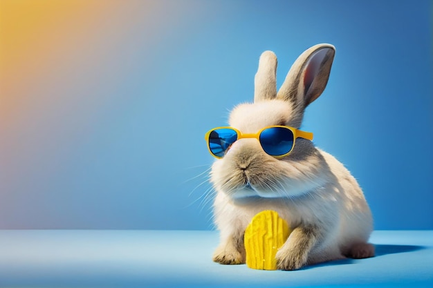 A rabbit wearing sunglasses and a yellow banana in a blue background