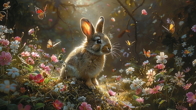 a rabbit in the wild with butterflies and flowers