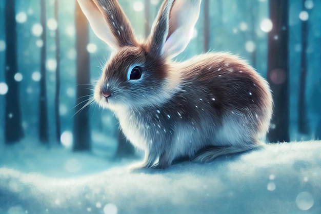 Rabbit in the winter forest christmas background