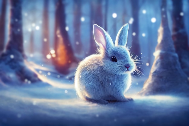 Rabbit in the winter forest christmas background