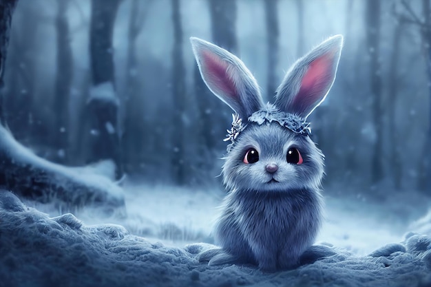 Rabbit in the winter forest christmas background