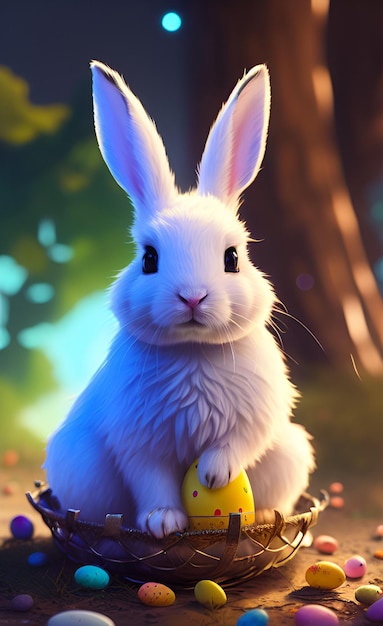 A rabbit with aeaster eggs sits in a forest