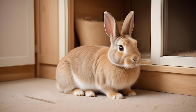 a rabbit with a big ears sits on a green carpet