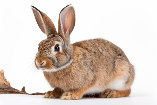 A rabbit with big ears sits on a white background