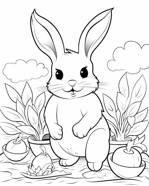 a rabbit with a black nose sits in front of a pot of flowers