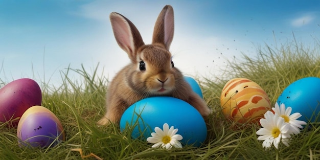 Photo a rabbit with a blue egg and a flower in the grass