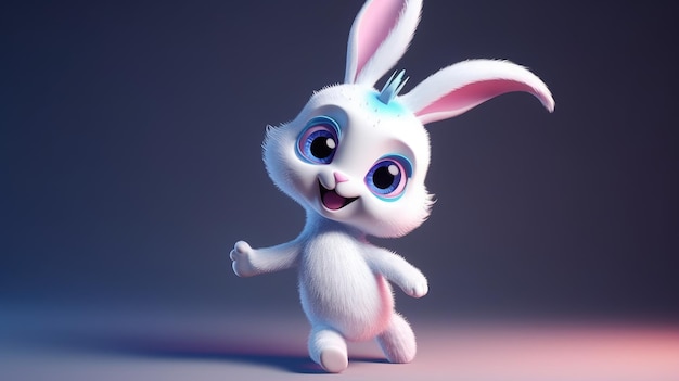 A rabbit with blue eyes and blue eyes is walking on a grey background.