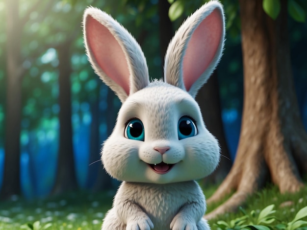 a rabbit with blue eyes and ears is sitting in the grass