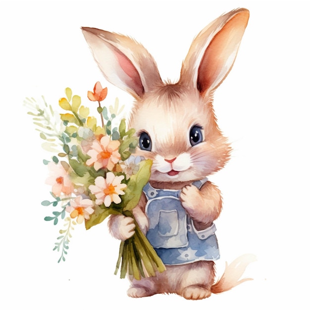 Rabbit with a bouquet of flowers Watercolor illustration