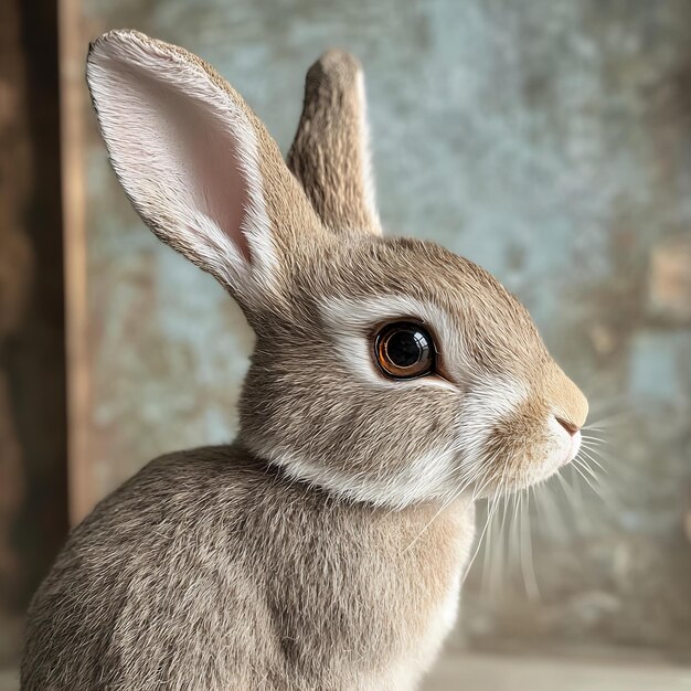 A rabbit with brown eyes and ears is looking at the camera