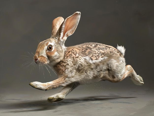 Photo a rabbit with a brown face running in front of a gray background