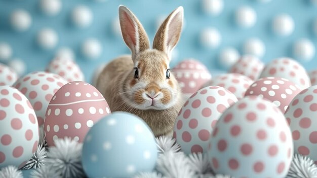 a rabbit with a bunny head and a bunch of easter eggs in the background