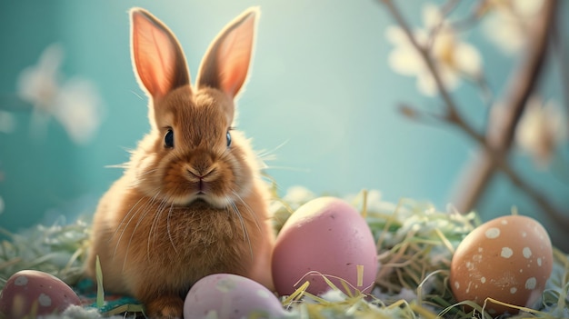 a rabbit with a bunny head and eggs in the background