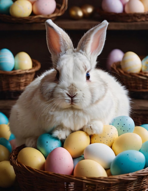 Photo a rabbit with a bunny on its face sits among many easter eggs