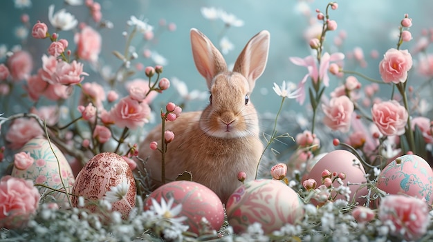 a rabbit with a bunny in the middle of the flowers