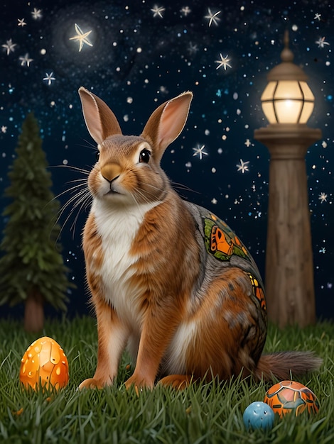 a rabbit with a bunny painted on its back sits in the grass with a lamp Ai generative