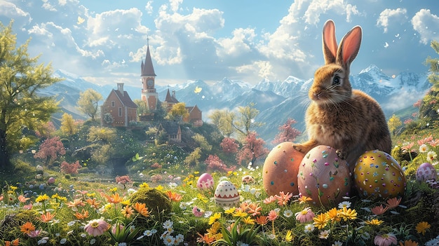 a rabbit with a bunny rabbit sitting in front of a mountain with eggs in the background