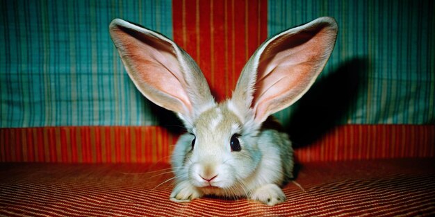 a rabbit with ears pointed up and a pink nose