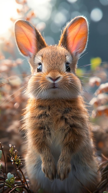 a rabbit with ears sticking out looking at the camera