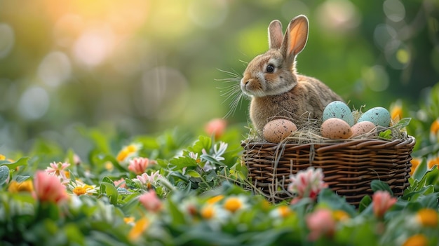 Rabbit with Easter Eggs in Basket Among Spring Flowers