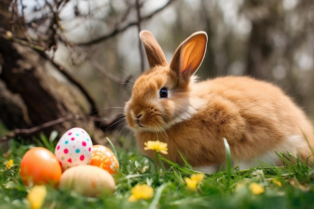 A rabbit with easter eggs in the grass