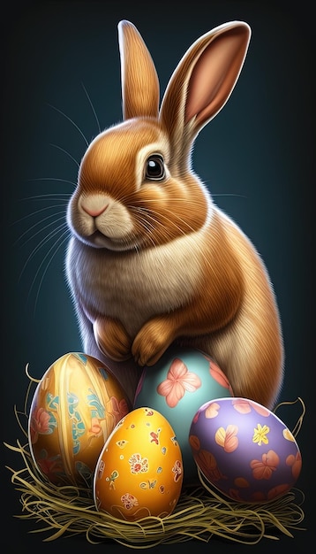 Rabbit with Easter eggs portrays a cute bunny with colorful eggs symbolizing the joy and spirit of Easter