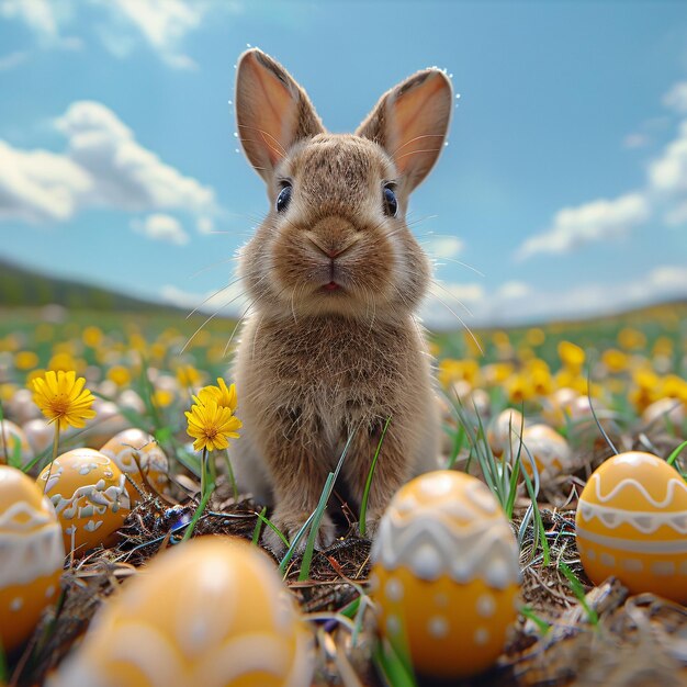 a rabbit with eggs in the background