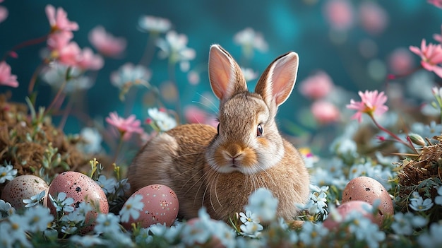 a rabbit with eggs in a flower bed